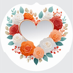 Heart-shaped floral frame with roses and leaves in flat vector style. Ideal for Valentine&rsquo;s Day cards, wedding invitations, packaging, and romantic designs.