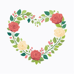 Heart-shaped floral frame with roses and leaves in flat vector style. Ideal for Valentine&rsquo;s Day cards, wedding invitations, packaging, and romantic designs.