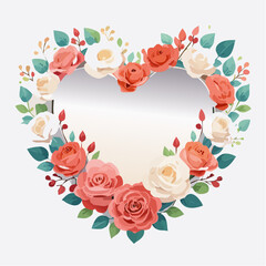 Heart-shaped floral frame with roses and leaves in flat vector style. Ideal for Valentine&rsquo;s Day cards, wedding invitations, packaging, and romantic designs.