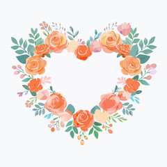Heart-shaped floral frame with roses and leaves in flat vector style. Ideal for Valentine&rsquo;s Day cards, wedding invitations, packaging, and romantic designs.