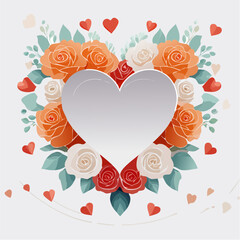 Heart-shaped floral frame with roses and leaves in flat vector style. Ideal for Valentine&rsquo;s Day cards, wedding invitations, packaging, and romantic designs.