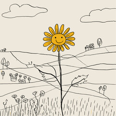 Whimsical Illustration of a Smiling Flower Under a Sun