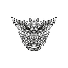 Intricate dark fantasy engraving of a mystical cat with majestic feathered wings, adorned with ornate floral patterns and swirling botanical details