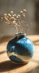 Artisanal Teal Ceramic Vase with Dried Flowers in Golden Sunlight.
