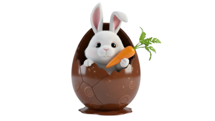 Adorable fluffy white cartoon bunny emerges happily from a cracked realistic dark chocolate Easter egg holding a bright orange carrot in its tiny paws ready for the holiday celebration