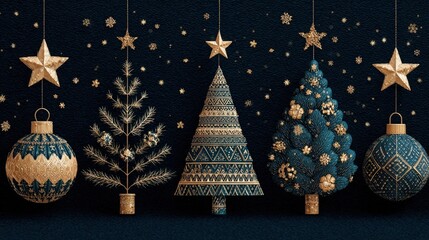 Modern luxury Christmas greeting card vector set featuring blue and gold ornaments, geometric pine trees, and gift boxes for festive invitations and holiday decor