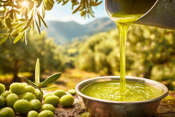 Fresh olive oil flows from a vintage pressing machine into a sleek metal bowl amid glowing sunlight and vibrant olive trees under a clear blue sky