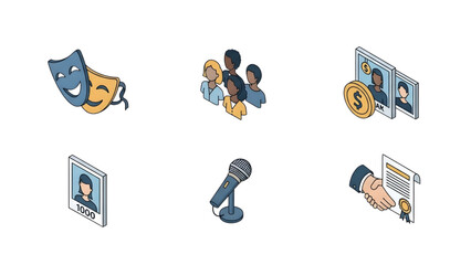Set of isometric icons representing different aspects of entertainment, business, and recognition within a professional context