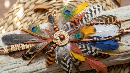 Colorful feathers arranged in a decorative pattern on a wooden surface with woven background.