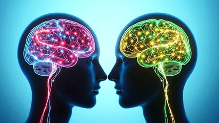 human brain anatomy. A video showcasing two people's heads with colorful brain activity in profile