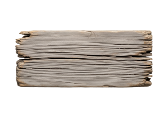 Old, weathered gray-brown wooden plank with deep cracks, splintered edges, isolated on transparent background with copy space, shadowless studio light. Concept of natural decay and texture