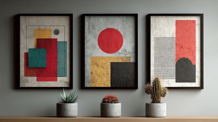 Collection of minimalist posters with geometric backgrounds and clean typography for modern decor and versatile design applications