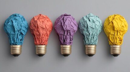 Colorful crumpled paper light bulbs on gray background