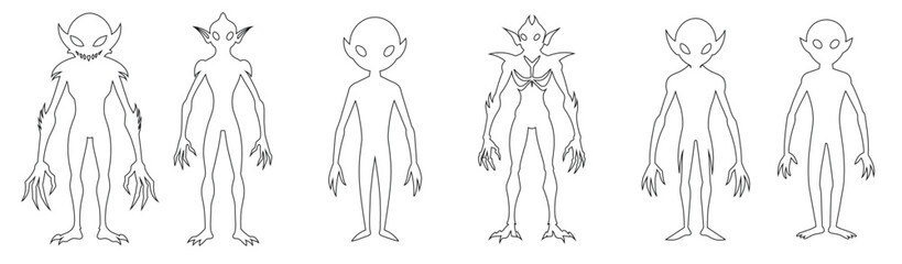 Fototapeta premium Set of Black outlines of an aliens isolated on white background. Humanoids. Graphic art. Concept of extraterrestrial, sci-fi design, space character. Icon, print, pictogram, design element