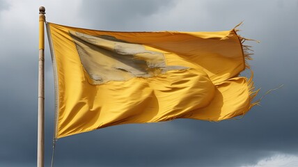 A weathered yellow flag flutters dramatically in the wind against a stormy sky with dark clouds gathering