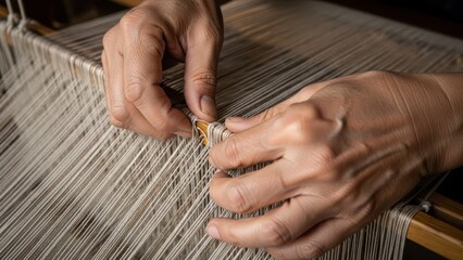 Close-up of hands weaving on a loom with white threads in a traditional textile production setting.
