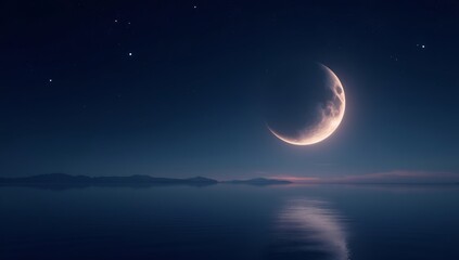 Serene crescent moon illuminating a calm sea with distant islands under a star-filled night sky, evoking a sense of peace and wonder.