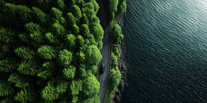 Aerial view of car driving on road in green forest near ocean New Zealand landscape nature panorama small black car along pine trees dark blue sea sunny summer - Powered by Adobe