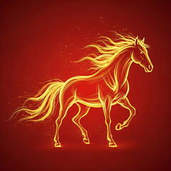 A majestic horse silhouette made of glowing fire lines and sparks on a deep red background. Artistic representation of speed, power, and the spirit of a stallion in a modern digital style.