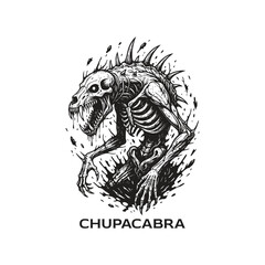 Dark fantasy engraving of the legendary Chupacabra cryptid, depicted as a skeletal monstrous creature with sharp spines and fangs.