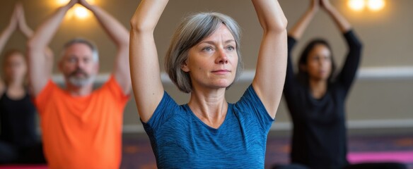 Enthusiastic participants engage in a vibrant group wellness session focusing on flexibility training indoors