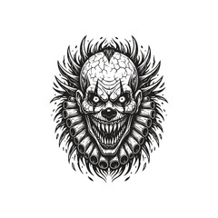 Terrifying dark fantasy engraving of an evil clown with sharp teeth, glowing eyes, and a tattered ruffle collar.