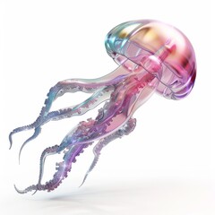 Neon Jellyfish Illustration with Glowing Tentacles.Colorful 3D illustration of glowing jellyfish with long iridescent tentacles, floating on a light background in a futuristic and abstract style.