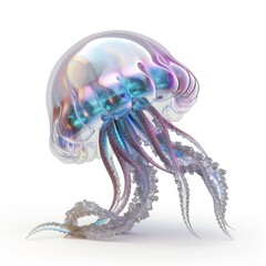 Neon Jellyfish Illustration with Glowing Tentacles.Colorful 3D illustration of glowing jellyfish with long iridescent tentacles, floating on a light background in a futuristic and abstract style.