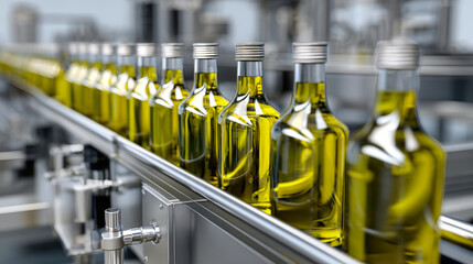 Brightly lit olive oil bottles glide along a conveyor belt in a contemporary production facility, showcasing sleek stainless steel machinery in action