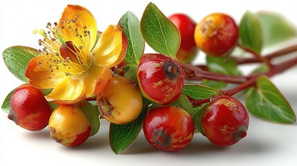 Hypericum berries and flowers isolated on white background showcasing natural details and colors in a high-quality display of botanical beauty for educational purposes