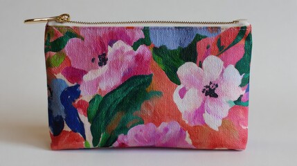 Colorful floral pouch accessory with gold zipper
