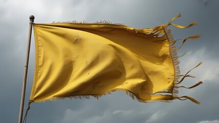 A weathered yellow flag with frayed edges waves in the wind against a cloudy sky with worn and tattered
