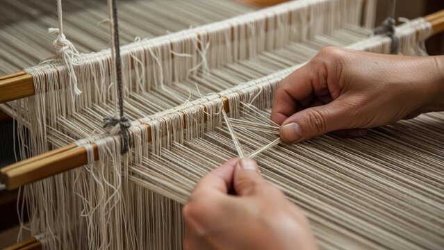 Close-up of hands weaving on a loom with white threads and wooden frame.