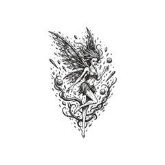 Intricate dark fantasy engraving of a mystical fairy with tattered butterfly wings, surrounded by floating magical crystals and swirling vines.