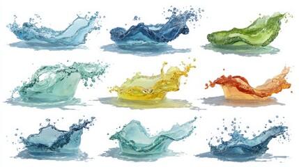 Colorful water splash collection isolated on white background with high quality detail captured in real time