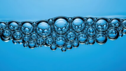 Transparent blue bubbles floating on a blue background.