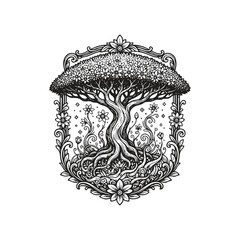 Ornate engraving of a majestic tree with a wide flowering canopy, enclosed in a decorative floral frame with swirling vines