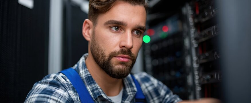 The it technician focused intently feeling the weight of responsibility while repairing server hardware. - Powered by Adobe