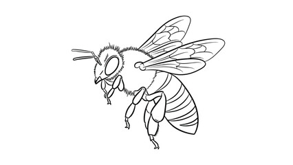 Obraz premium A detailed black and white line art illustration of a honey bee in flight, suitable for coloring pages or scientific use.