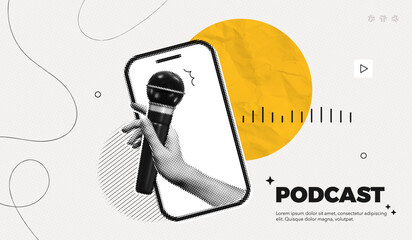 Trendy Halftone Collage Online Podcast. Mobile phone with Hand holding studio microphone. Talk show and interview. Streaming service. Audio recording. Contemporary vector art illustration