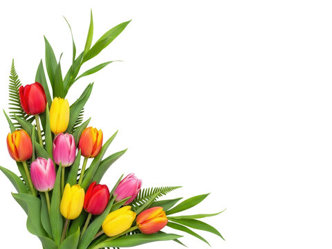 Vibrant spring tulip corner composition with fresh green foliage elements isolated on white background.png