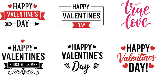 Valentine's Day vector typographic logo set featuring six modern red and black designs with romantic holiday greeting text.
