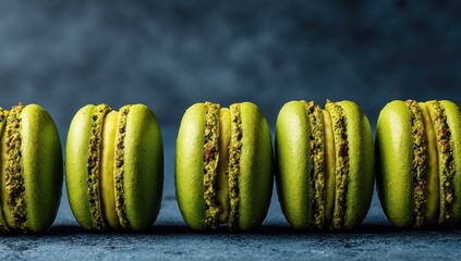 Five Vibrant Green Pistachio Macarons Lined Up on a Dark Textured Surface, Highlighting Delicate Shells and Rich Filling.