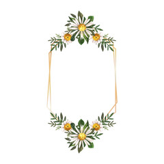 Elegant gold geometric frame with chamomile flowers. Perfect for spring, wedding designs, invitations, and greeting cards.
