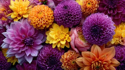 Vibrant dahlia flowers with water droplets