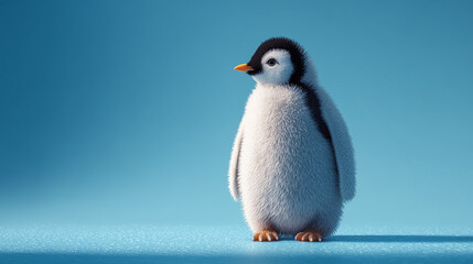 Fototapeta premium A single cute penguin standing on icy blue surface with realistic texture and soft daylight details