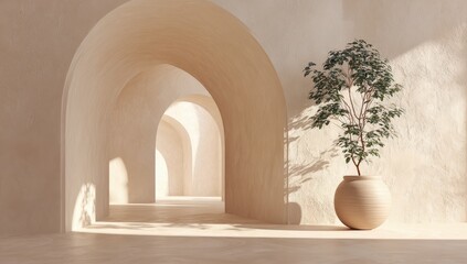 Sunlit Minimalist Archway Corridor with Potted Plant, Warm Beige Tones, and Serene Shadows.