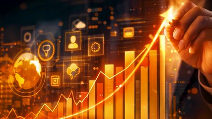 Rising financial chart with glowing upward bars and digital analytics interface showing business performance tracking and investment momentum - Powered by Adobe