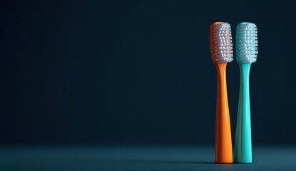 Vibrant Orange and Teal Toothbrushes Paired, Standing Upright on Dark Minimalist Background.