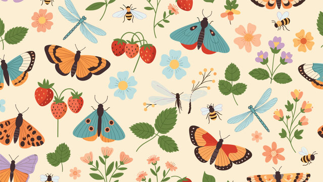 A beautiful seamless pattern of summer insects and botanicals, featuring butterflies, moths, dragonflies, and strawberry plants.